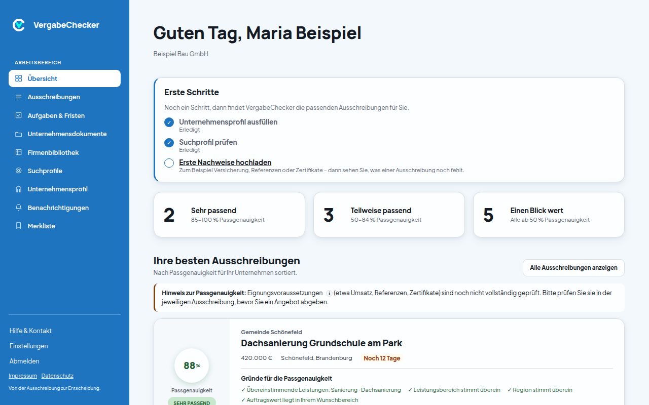 Übersicht von VergabeChecker mit den am besten passenden Ausschreibungen (Beispieldaten)